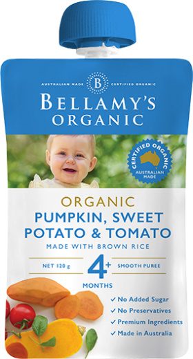 Hỗn hợp bí đỏ, khoai lang, cà chua hữu cơ xay nhuyễn Bellamy's Organic
