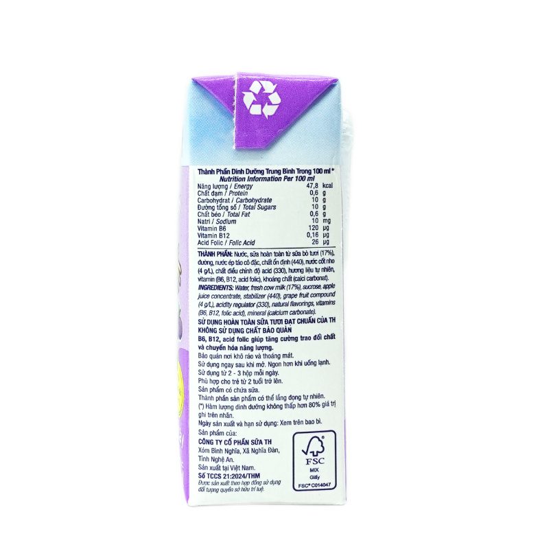 Lốc Thức uống Sữa Trái Cây Nho Tự Nhiên TH true JUICE milk MISTORI 180 ml ảnh 6