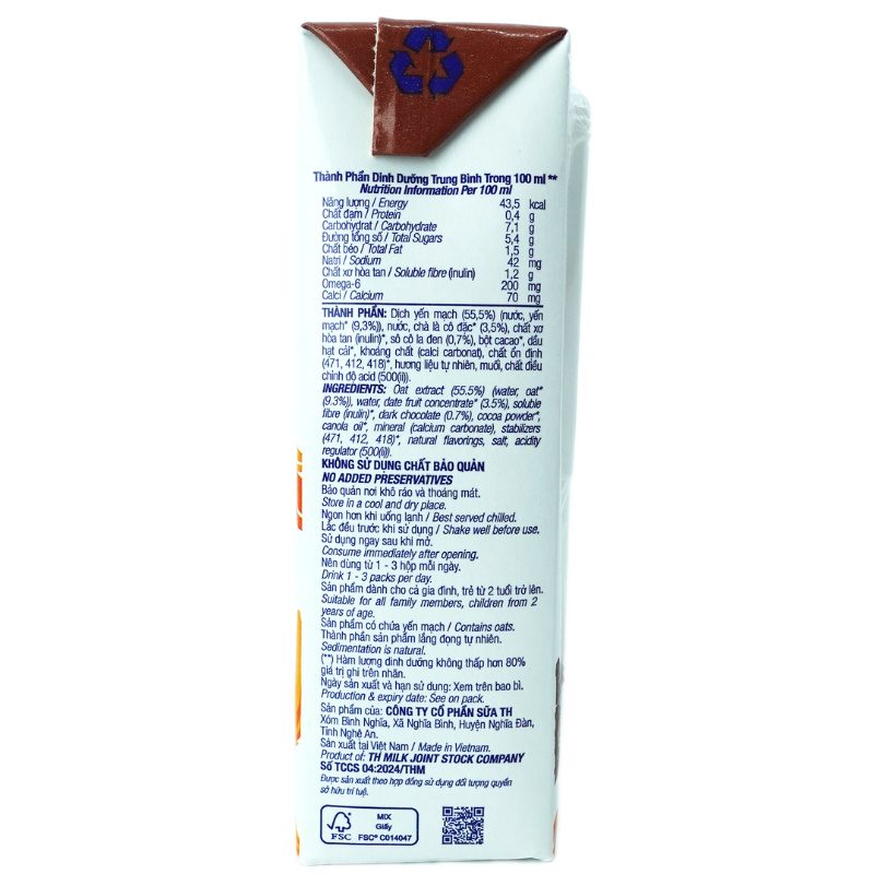 Sữa Yến Mạch Sô Cô La TH true OAT 180 ml ảnh 4